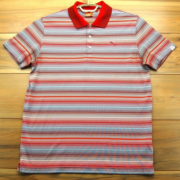 Puma Golf Polo Shirt Mens Large Red Blue Striped Performance Dry‎ Cell Athletic - Picture 2 of 16